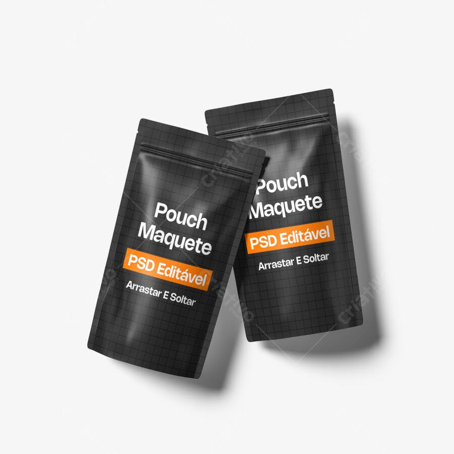Mockup Pouch Embalagem Plástica Preta Vista Superior Editável