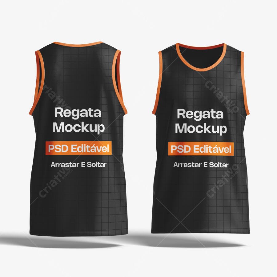Mockup Regata Preta Frente e Verso Fundo Branco Editável