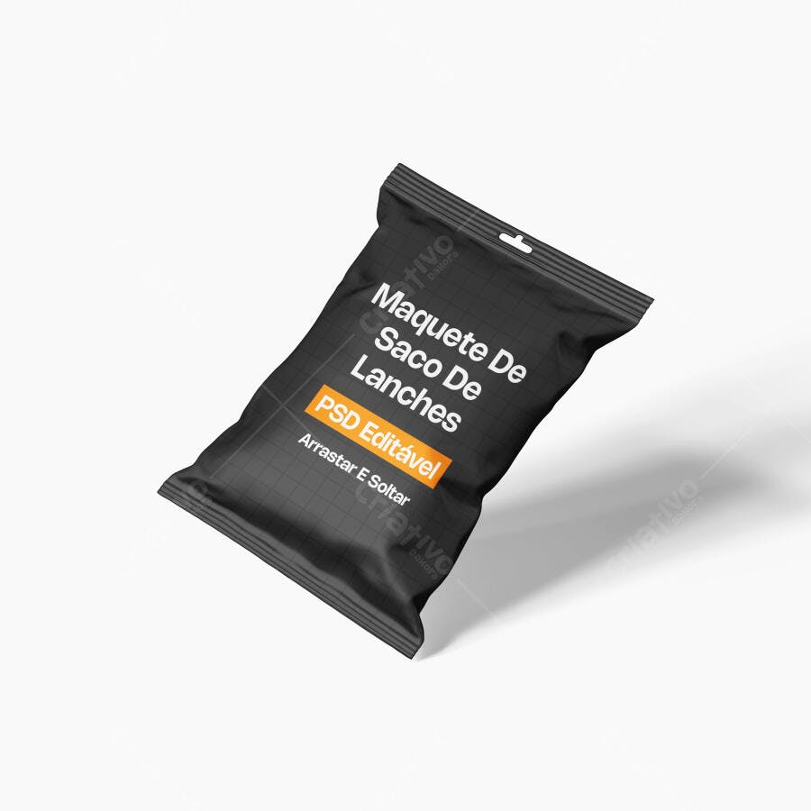 Mockup Saco de Lanches Plástico Preto Fundo Branco Editável