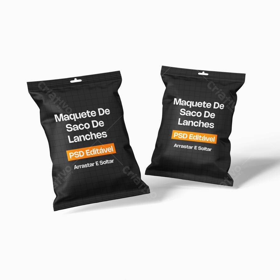 Mockup Saco Embalagem Lanches Flutuando Fundo Branco Editável