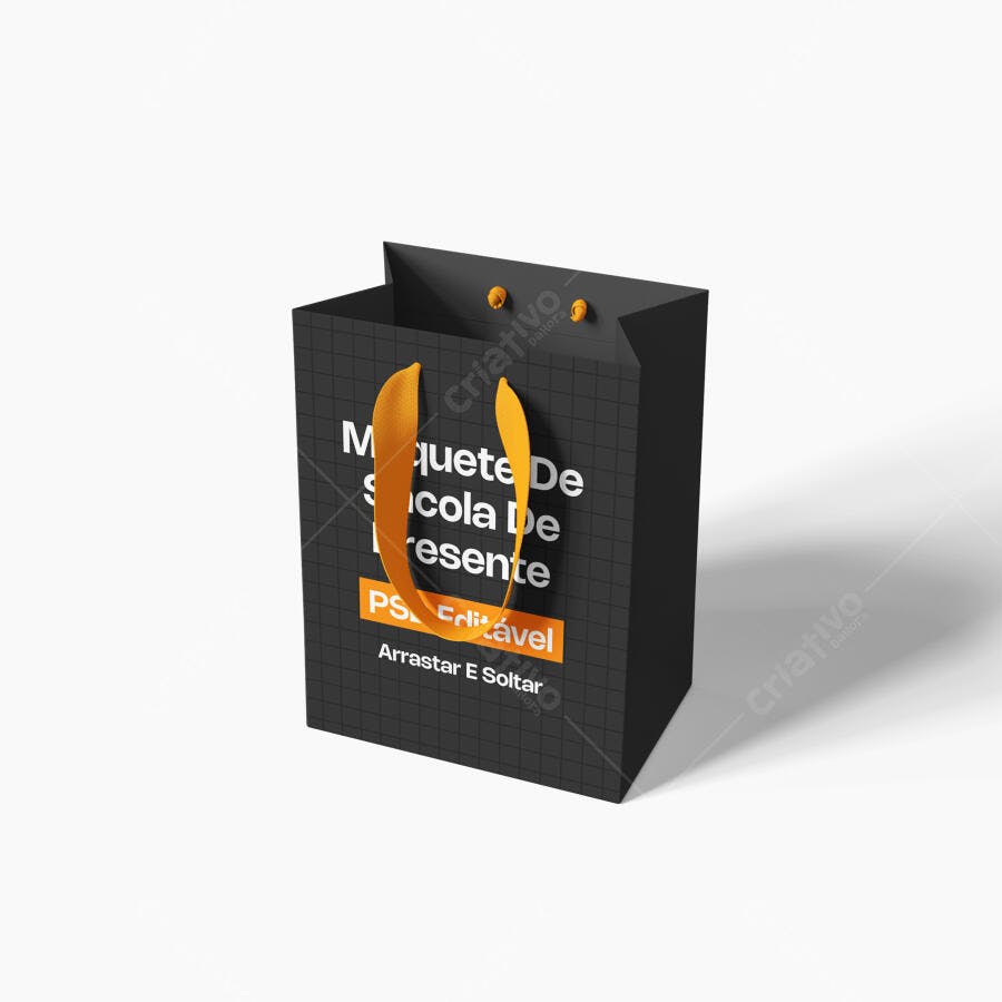 Mockup Sacola de Presente Preta Alça Laranja Editável