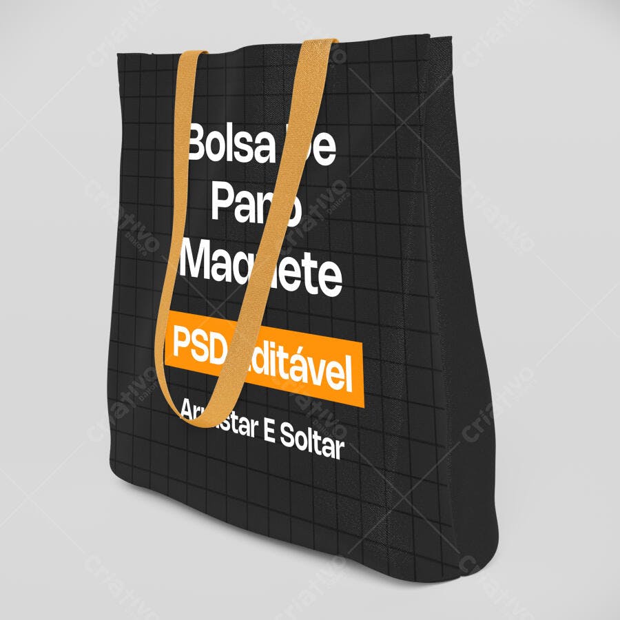 Mockup Sacola Ecobag Tecido Preta 3/4 Fundo Cinza Editável
