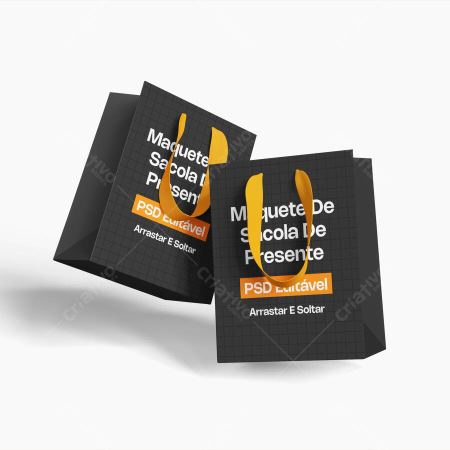Mockup Sacola Papel Preta Alças Laranja Fundo Branco Editável