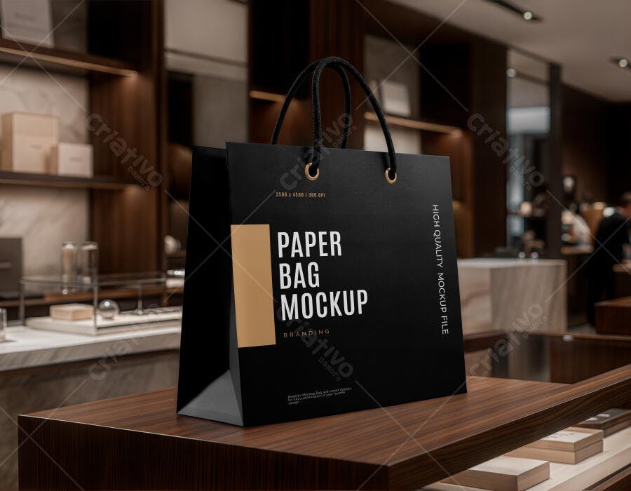 Mockup Sacola Papel Preta Cena Loja Editável