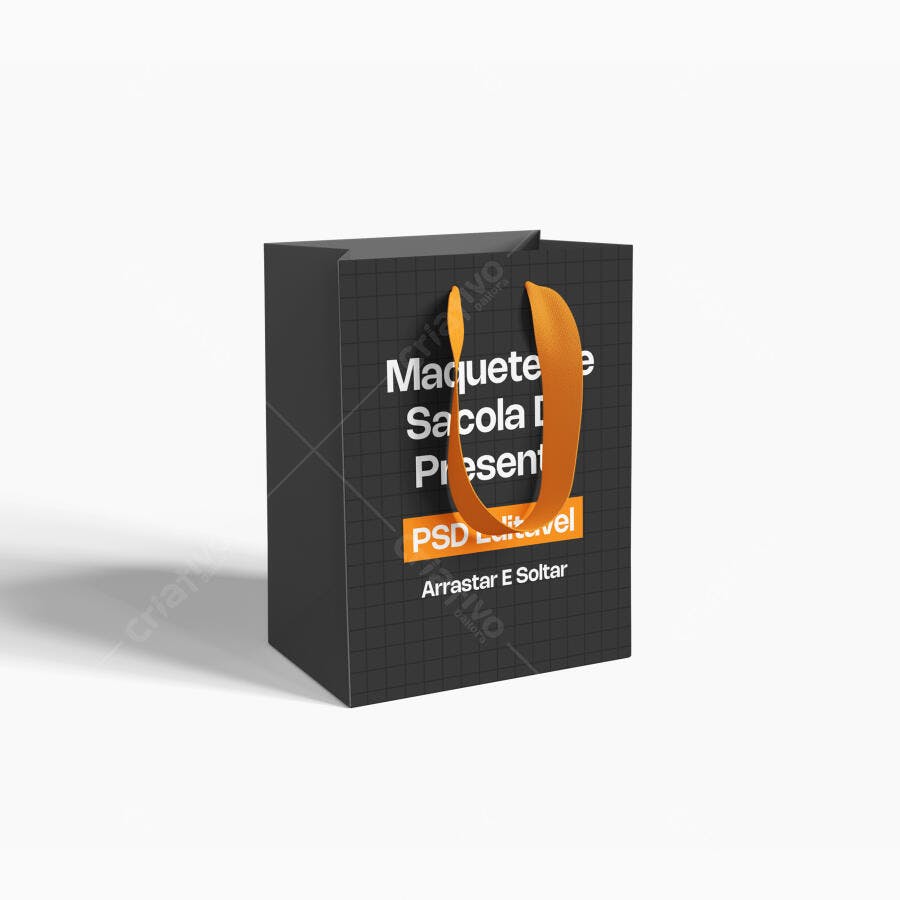 Mockup Sacola Presente Preta Alça Laranja Fundo Branco Editável
