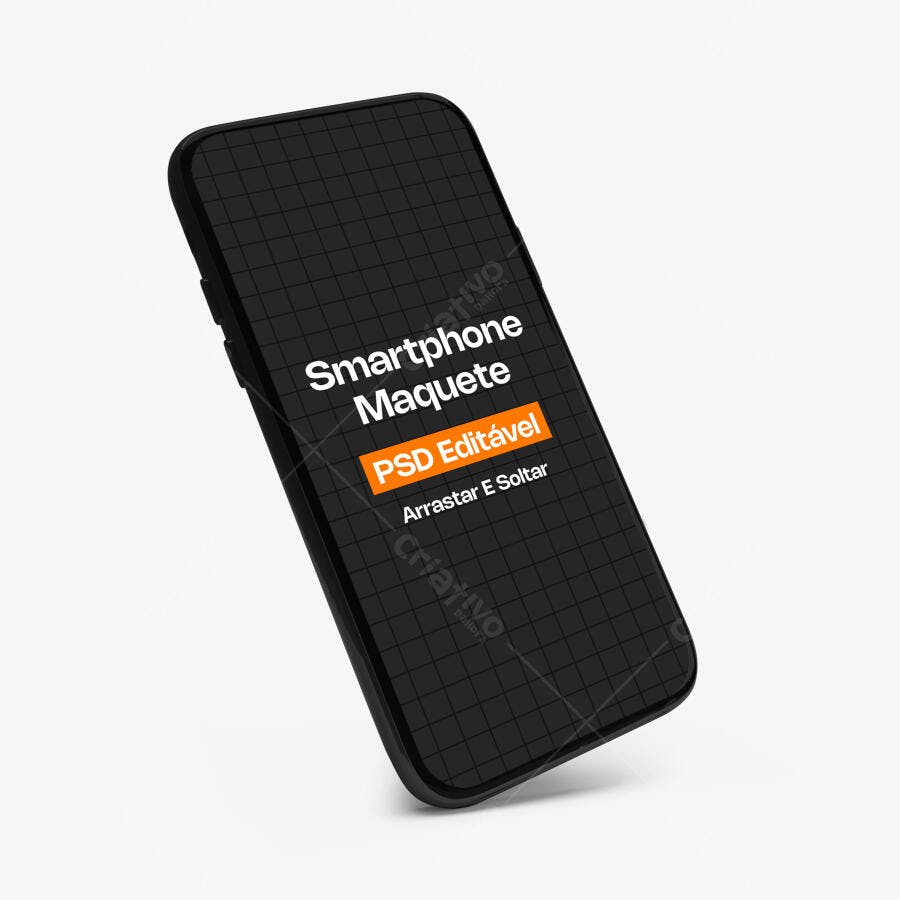 Mockup Smartphone Preto 3/4 Fundo Branco Editável