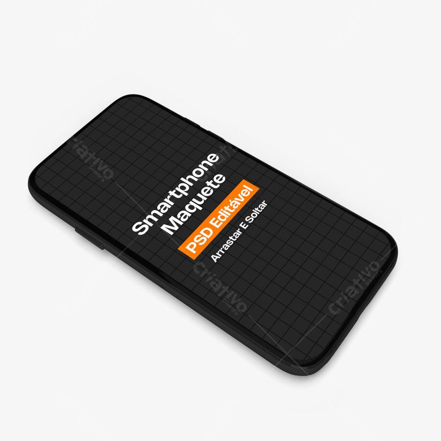 Mockup Smartphone Preto 3/4 Fundo Branco Editável