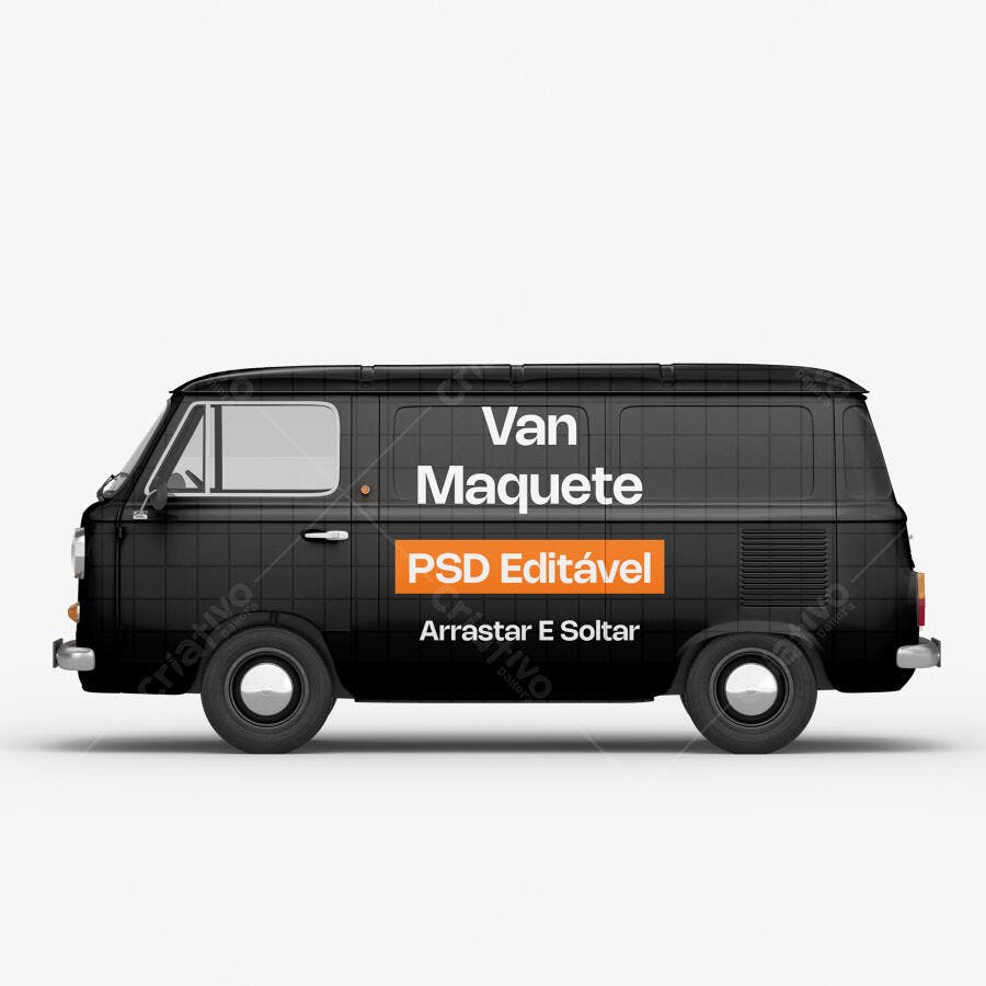 Mockup Van Kombi Preta Lateral Fundo Branco Editável