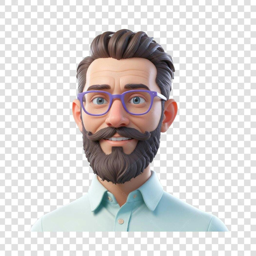 Personagem 3D Homem Barba Óculos Roxo PNG Fundo Transparente