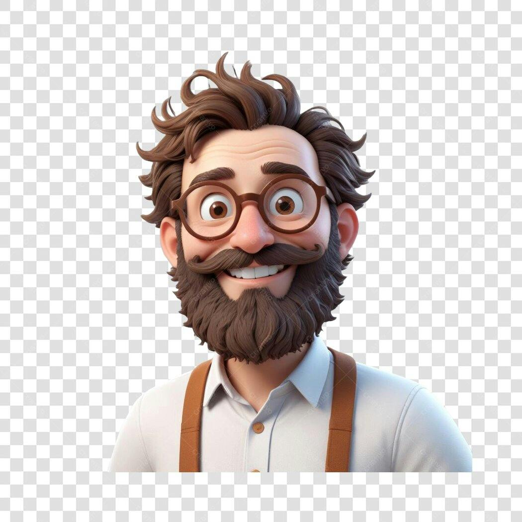 Personagem 3D Homem Barba Óculos Sorrindo PNG Fundo Transparente