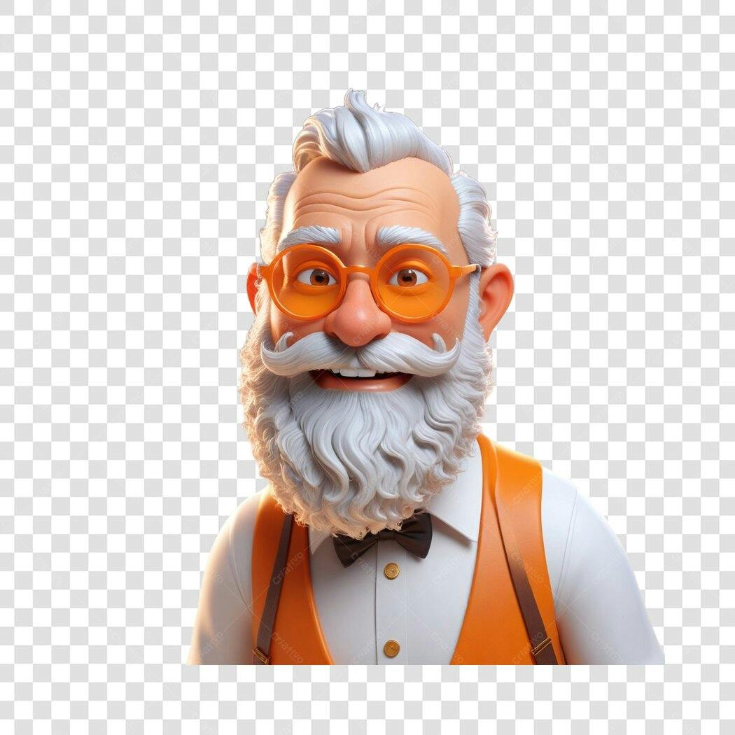 Personagem 3D Homem Idoso Barba Óculos PNG Fundo Transparente