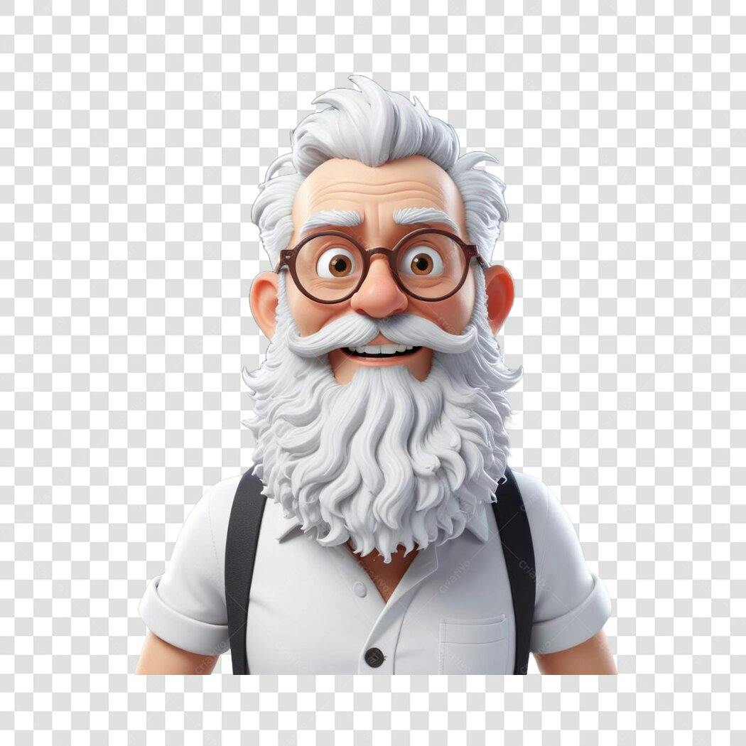 Personagem 3D Homem Idoso Barbudo Óculos PNG Fundo Transparente