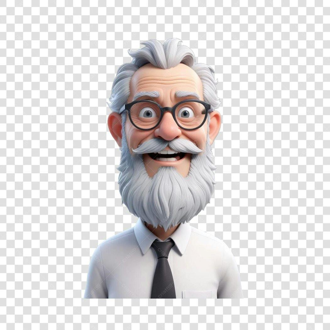 Personagem 3D Homem Idoso Feliz Óculos PNG Fundo Transparente