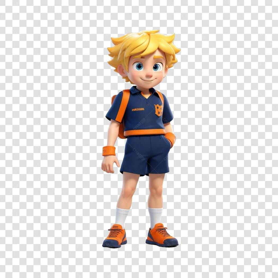 Personagem 3D Menino Loira Uniforme Escolar PNG Fundo Transparente