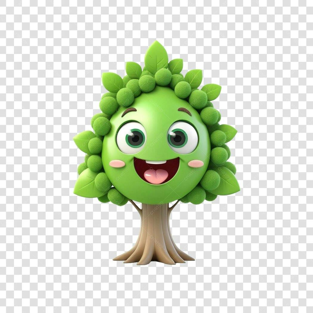 Personagem Ilustrado Árvore Feliz 3D Verde PNG Fundo Transparente