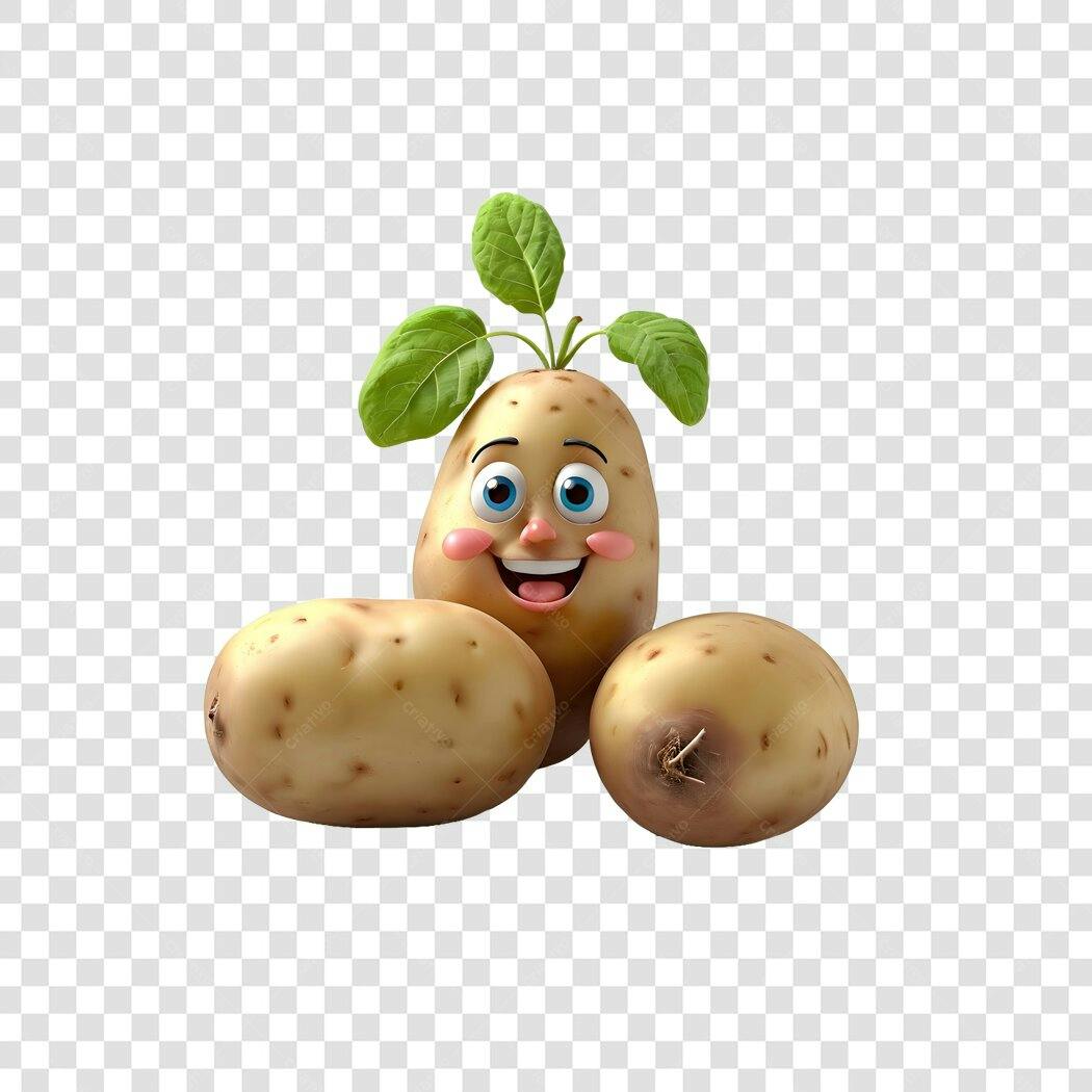 Personagem Ilustrado Batata Feliz com Folhas PNG Fundo Transparente