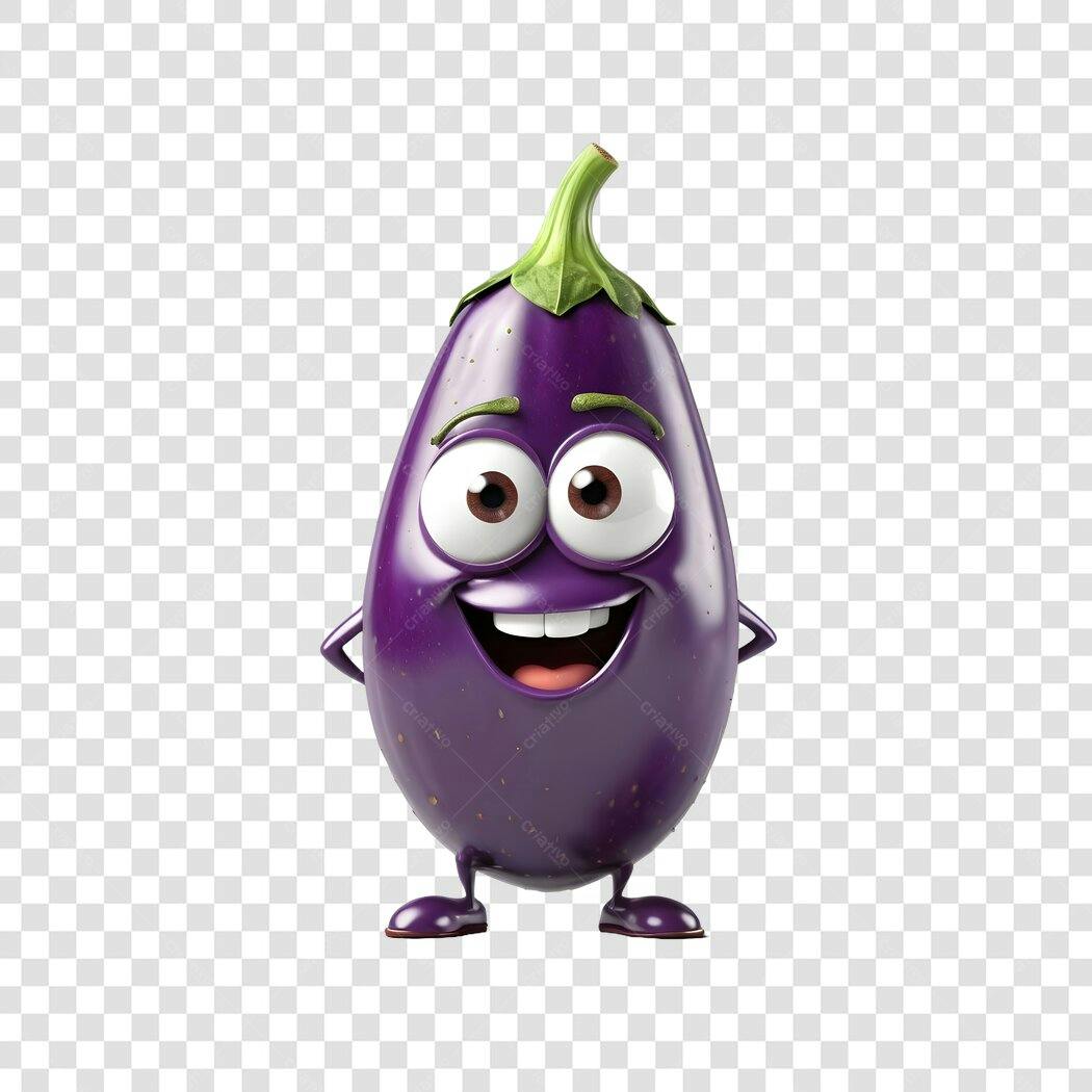 Personagem Ilustrado Berinjela Feliz 3D PNG Fundo Transparente