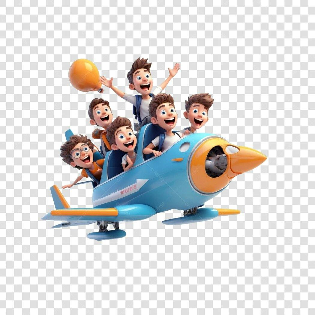 Personagem Ilustrado Crianças Felizes Avião Azul PNG Fundo Transparente