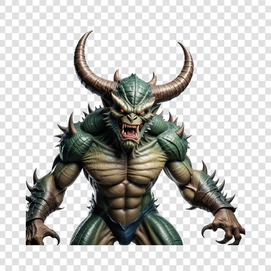 Personagem Ilustrado Demônio Monstro Chifres Verdes PNG Fundo Transparente