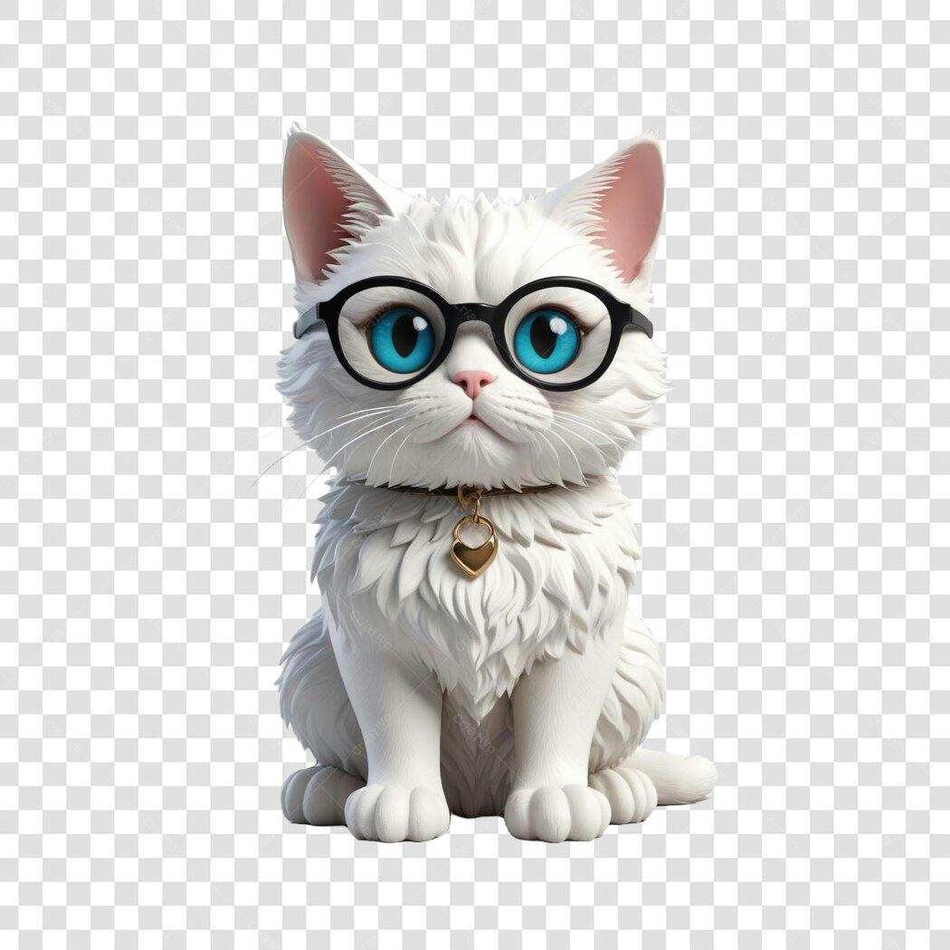 Personagem Ilustrado Gato Branco Óculos Azuis PNG Fundo Transparente