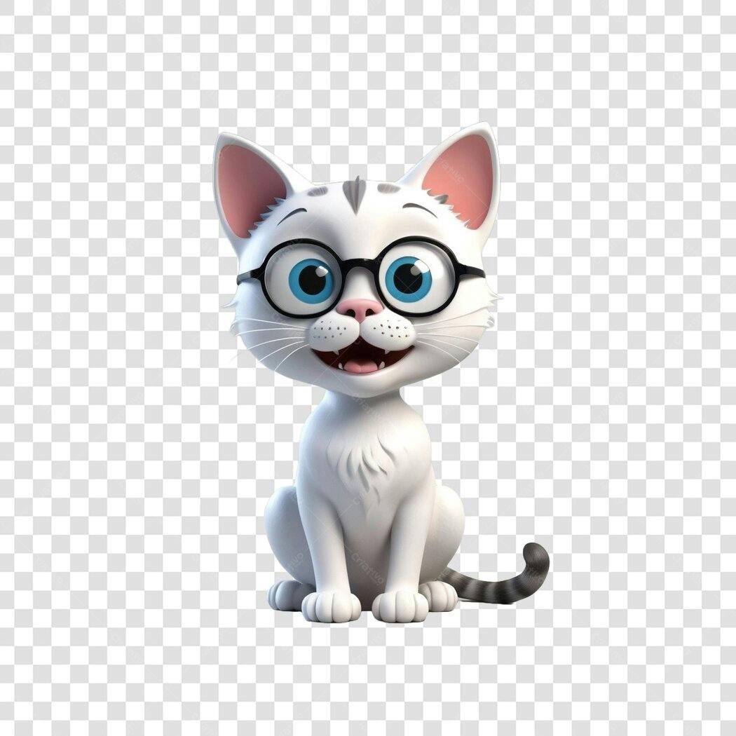 Personagem Ilustrado Gato Branco Óculos Azul PNG Fundo Transparente