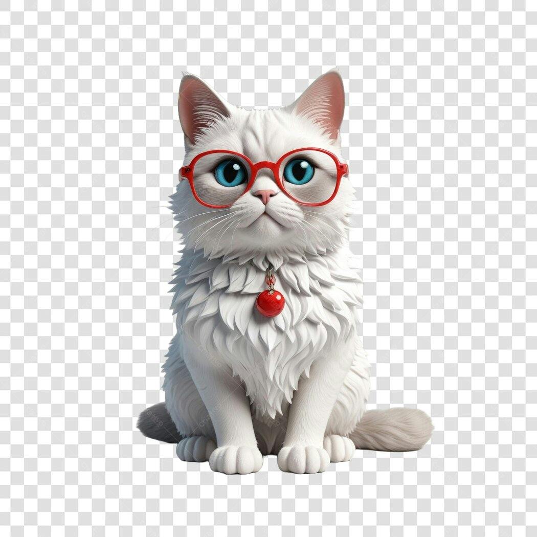 Personagem Ilustrado Gato Branco Óculos Vermelhos PNG Fundo Transparente