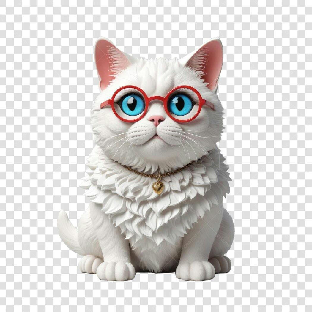 Personagem Ilustrado Gato Branco Óculos Vermelhos PNG Fundo Transparente