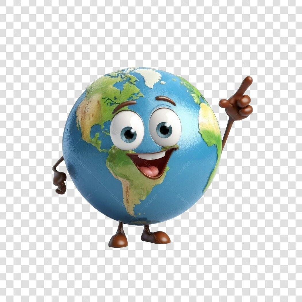 Personagem Ilustrado Globo Terra Feliz Apontando PNG Fundo Transparente
