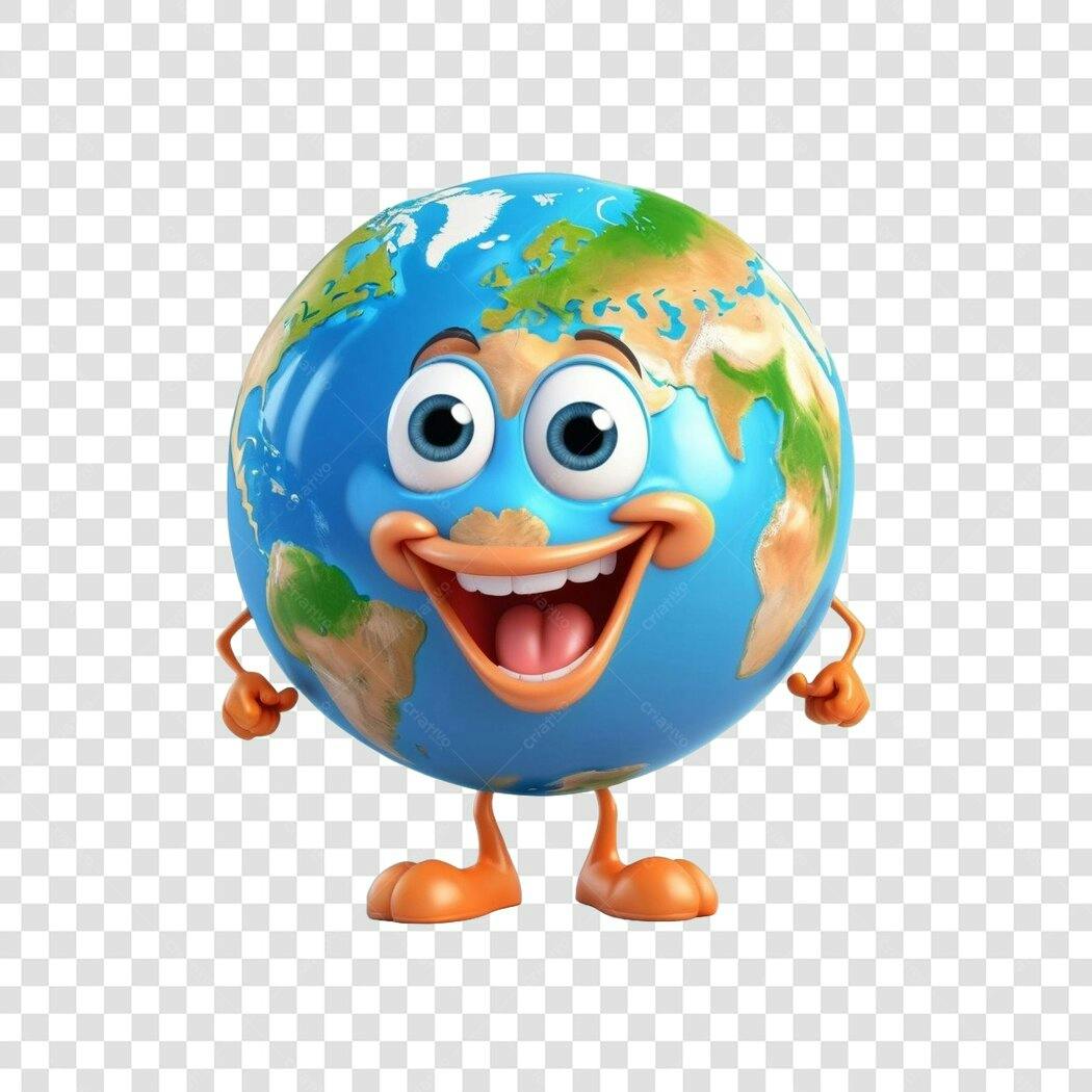 Personagem Ilustrado Globo Terrestre Feliz 3D PNG Fundo Transparente
