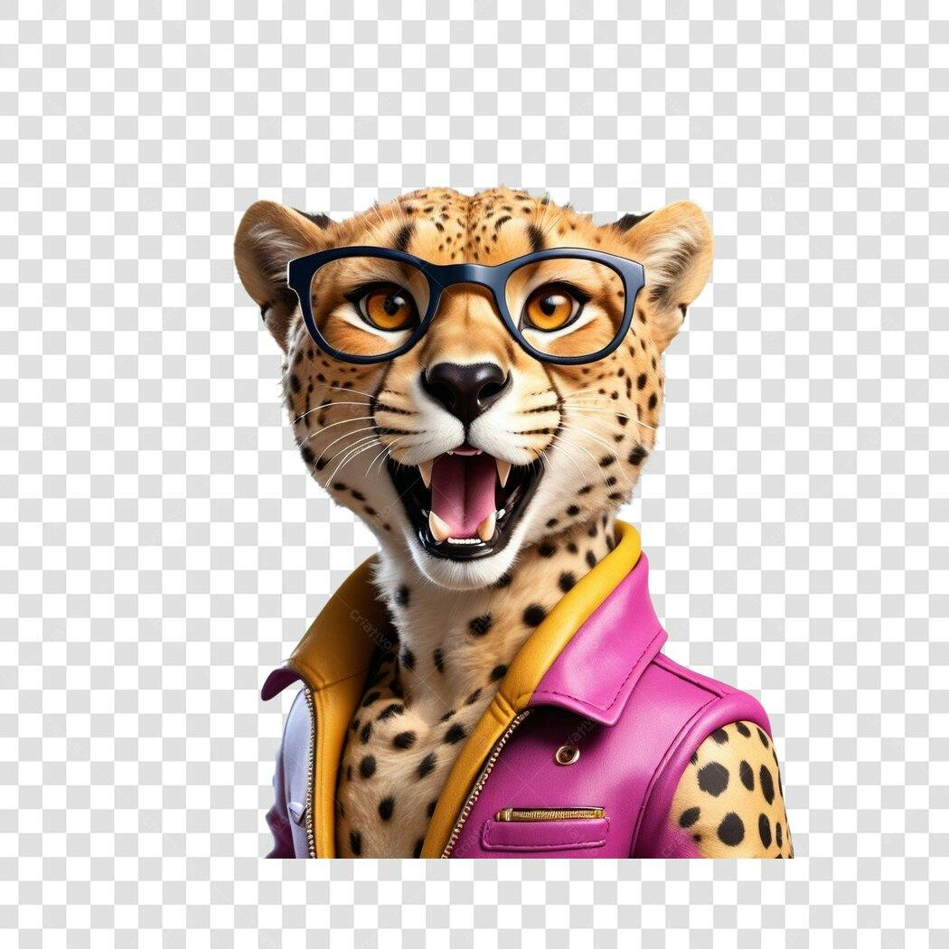 Personagem Ilustrado Guepardo Óculos Jaqueta Rosa PNG Fundo Transparente