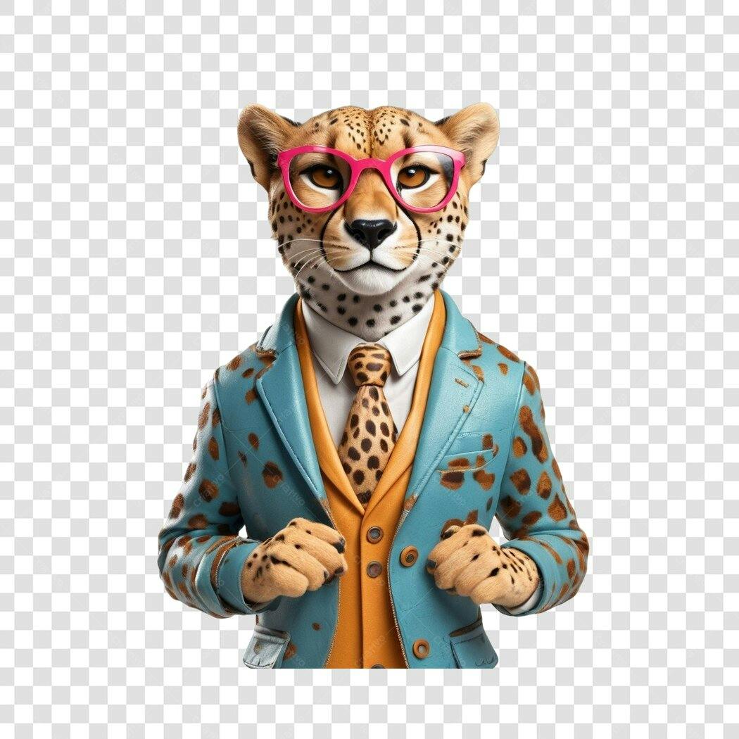 Personagem Ilustrado Guepardo Terno Óculos Rosa PNG Fundo Transparente