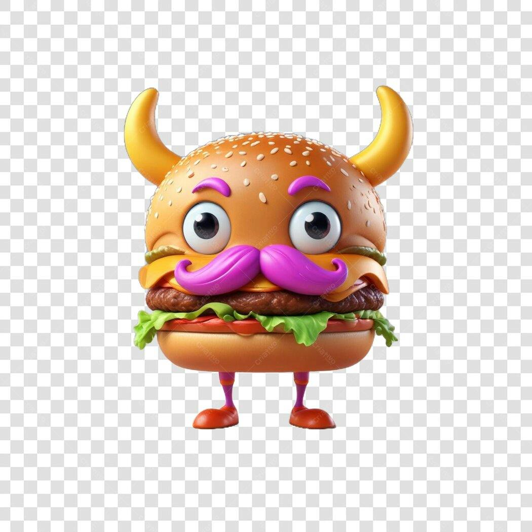 Personagem Ilustrado Hambúrguer Bigode Chifres 3D PNG Fundo Transparente