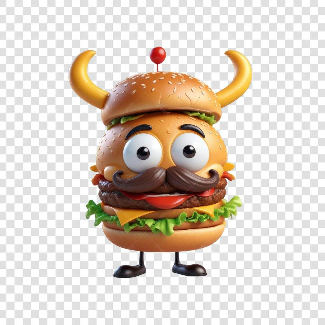 Personagem Ilustrado Hambúrguer Bigode Chifres 3D PNG Fundo Transparente