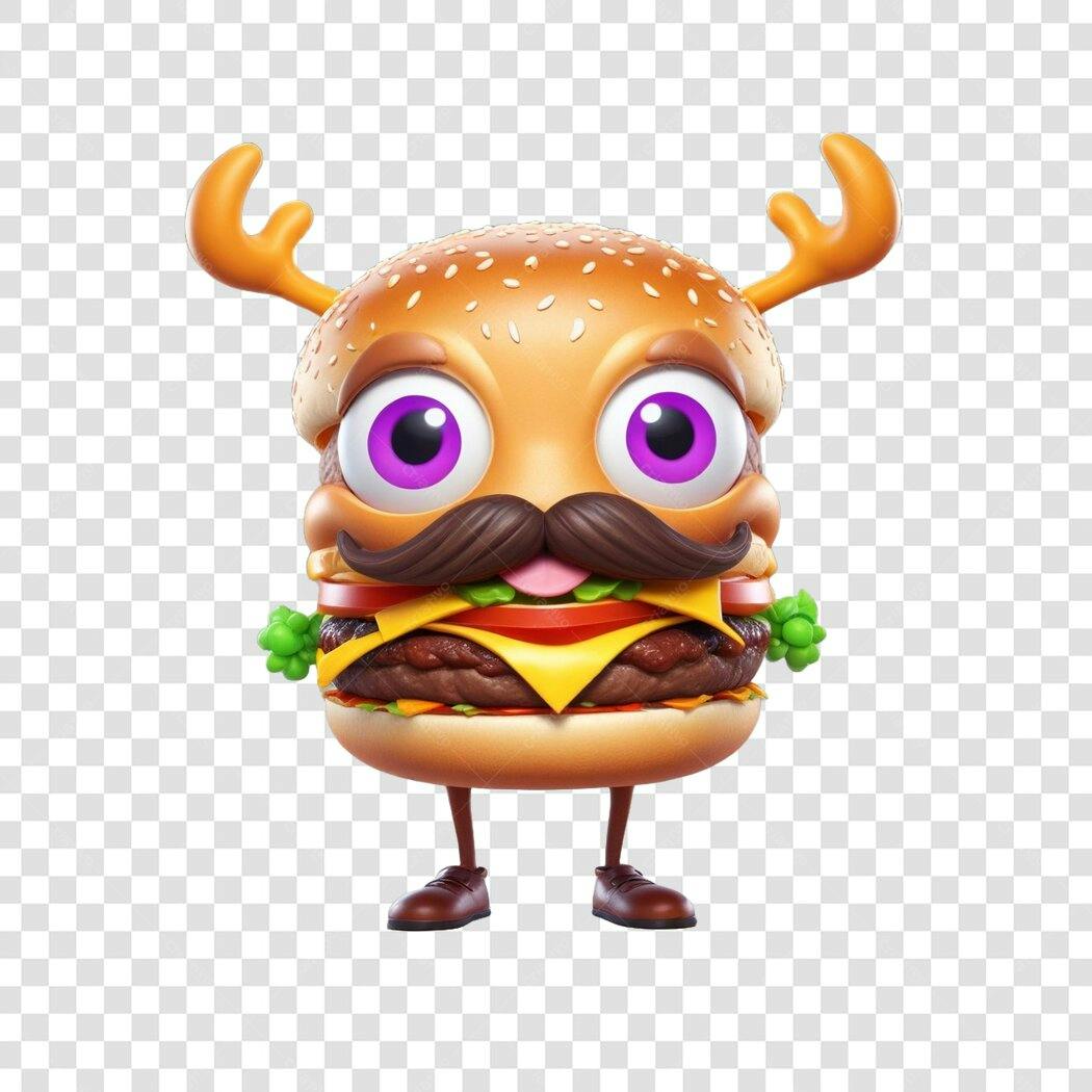 Personagem Ilustrado Hambúrguer Bigode Chifres PNG Fundo Transparente