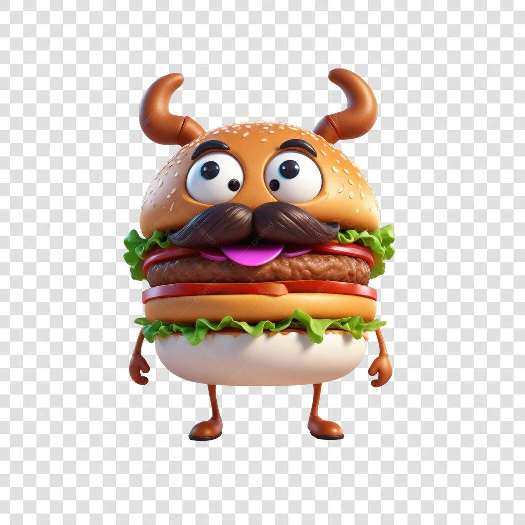 Personagem Ilustrado Hambúrguer Bigode Chifres PNG Fundo Transparente