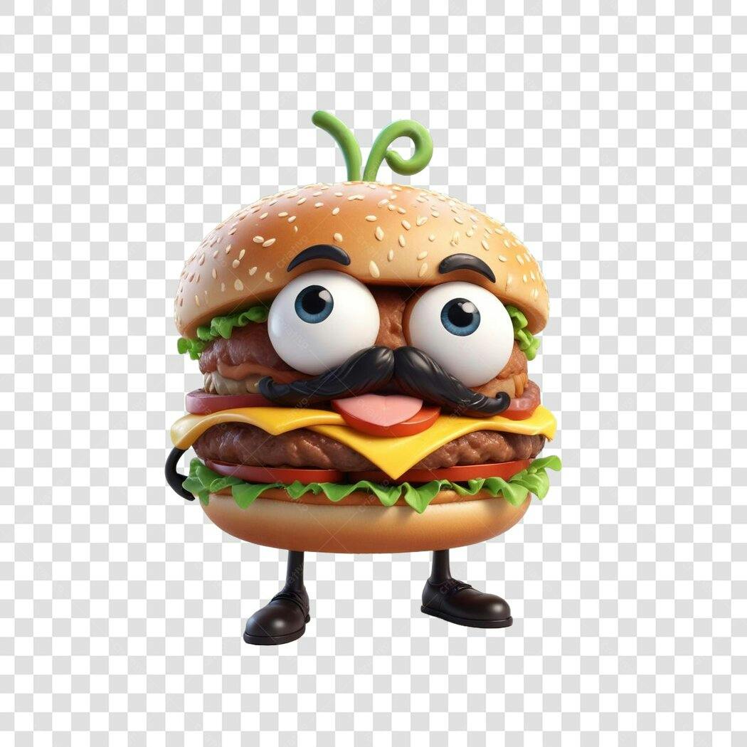 Personagem Ilustrado Hambúrguer Bigode Engraçado PNG Fundo Transparente