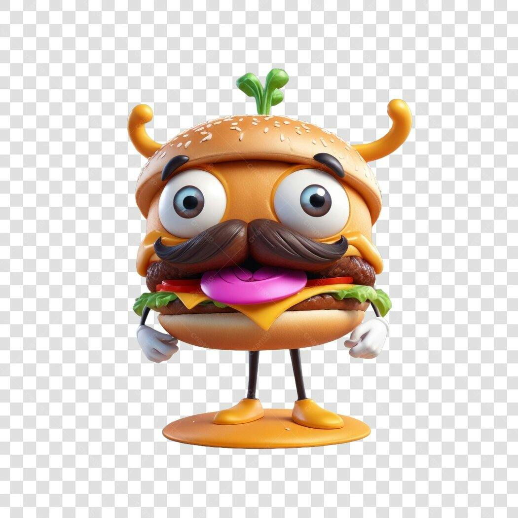 Personagem Ilustrado Hambúrguer Bigode Engraçado PNG Fundo Transparente
