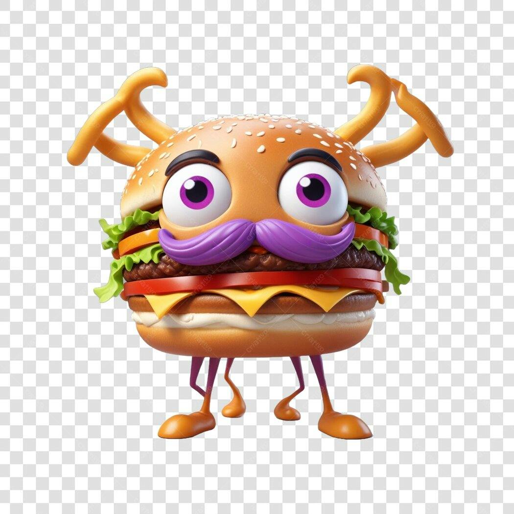 Personagem Ilustrado Hambúrguer Bigode Roxo PNG Fundo Transparente