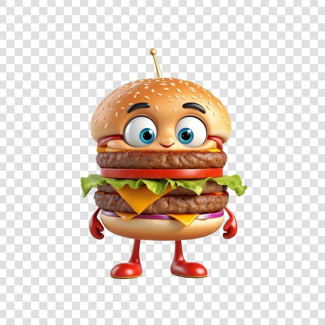 Personagem Ilustrado Hambúrguer Duplo Fofo PNG Fundo Transparente