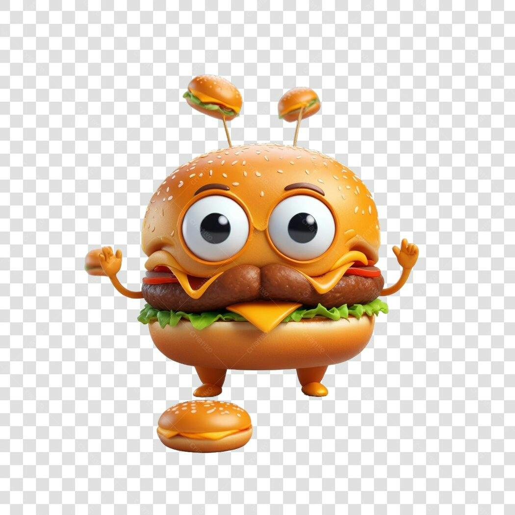 Personagem Ilustrado Hambúrguer Engraçado 3D PNG Fundo Transparente