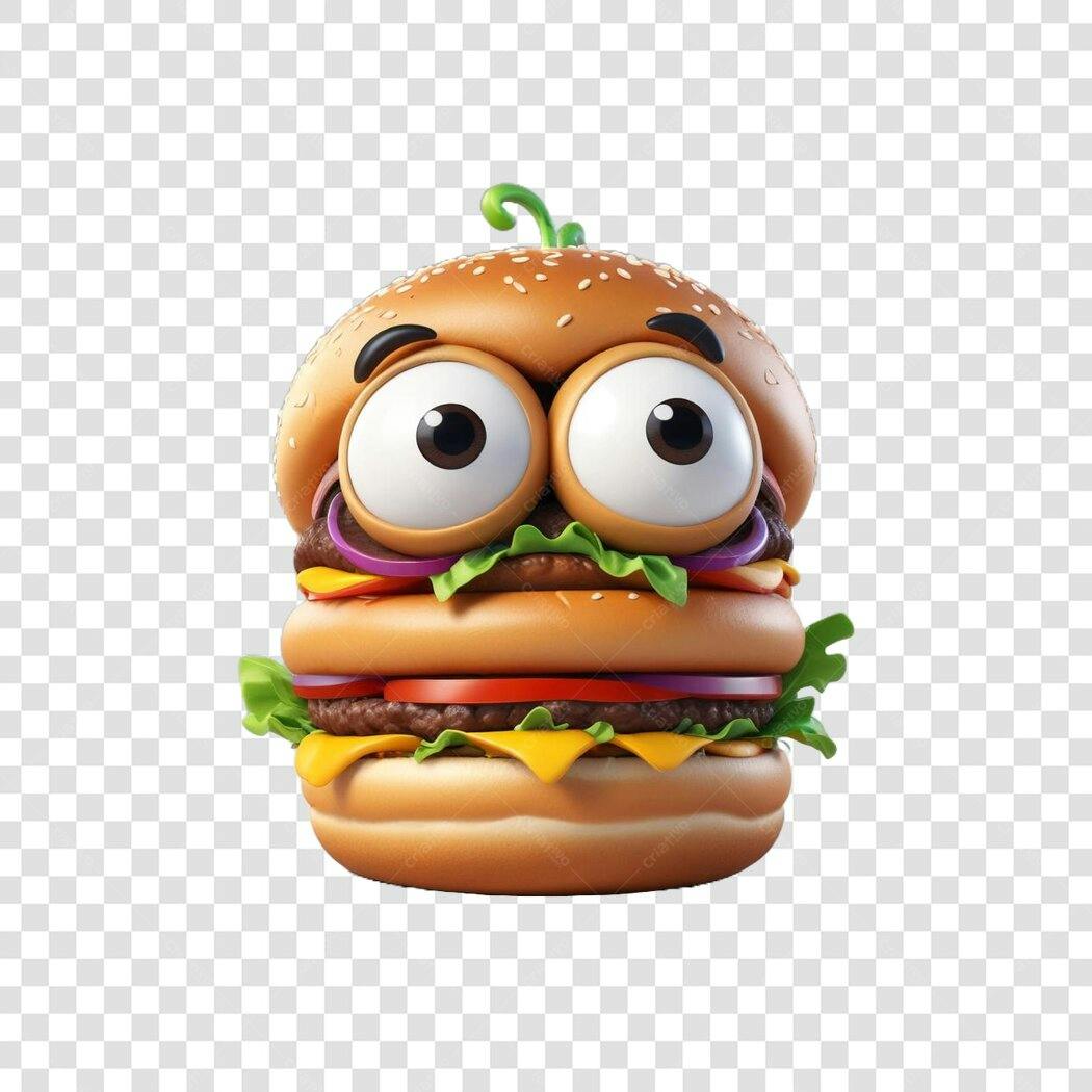 Personagem Ilustrado Hambúrguer Engraçado 3D PNG Fundo Transparente