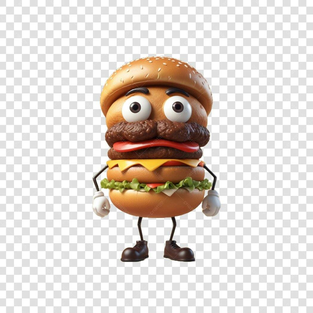 Personagem Ilustrado Hambúrguer Engraçado 3D PNG Fundo Transparente