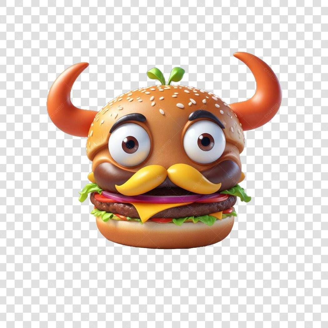 Personagem Ilustrado Hambúrguer Engraçado Bigode Chifres PNG Fundo Transparente