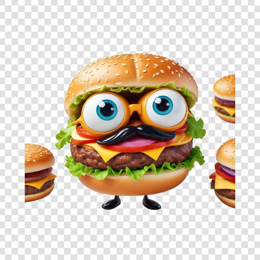 Personagem Ilustrado Hambúrguer Engraçado Bigode PNG Fundo Transparente