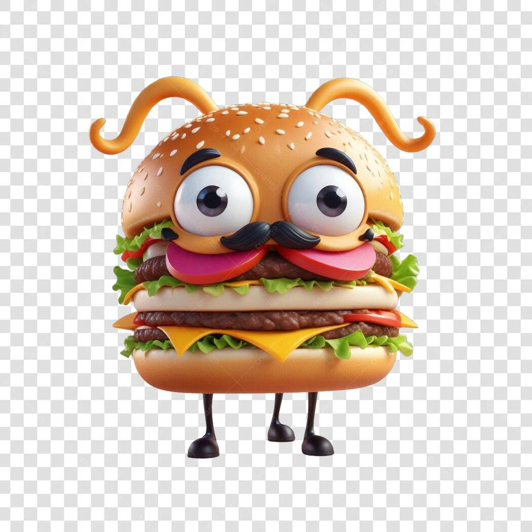 Personagem Ilustrado Hambúrguer Engraçado Bigode PNG Fundo Transparente