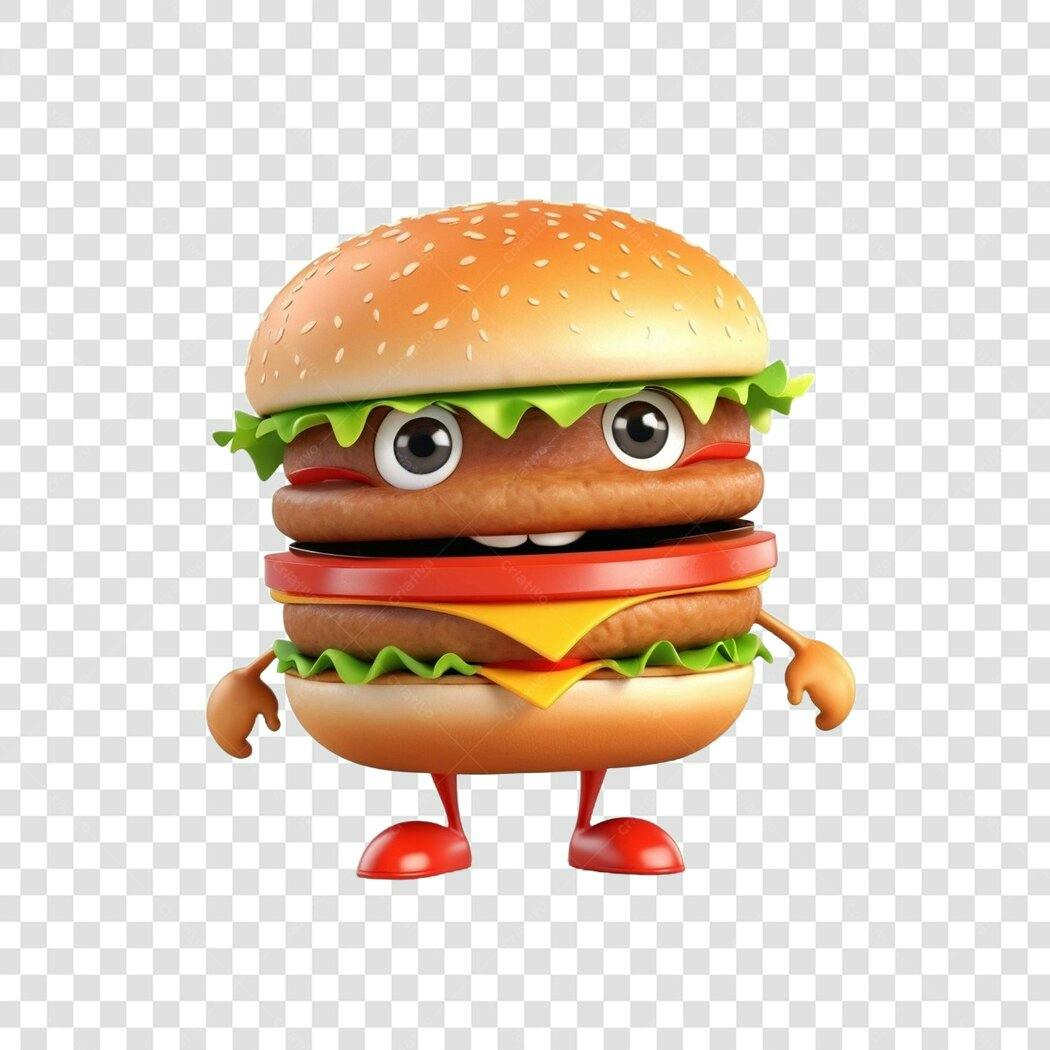 Personagem Ilustrado Hambúrguer Sorrindo 3D PNG Fundo Transparente