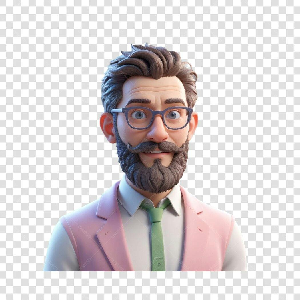 Personagem Ilustrado Homem Barba Óculos Terno Rosa PNG Fundo Transparente