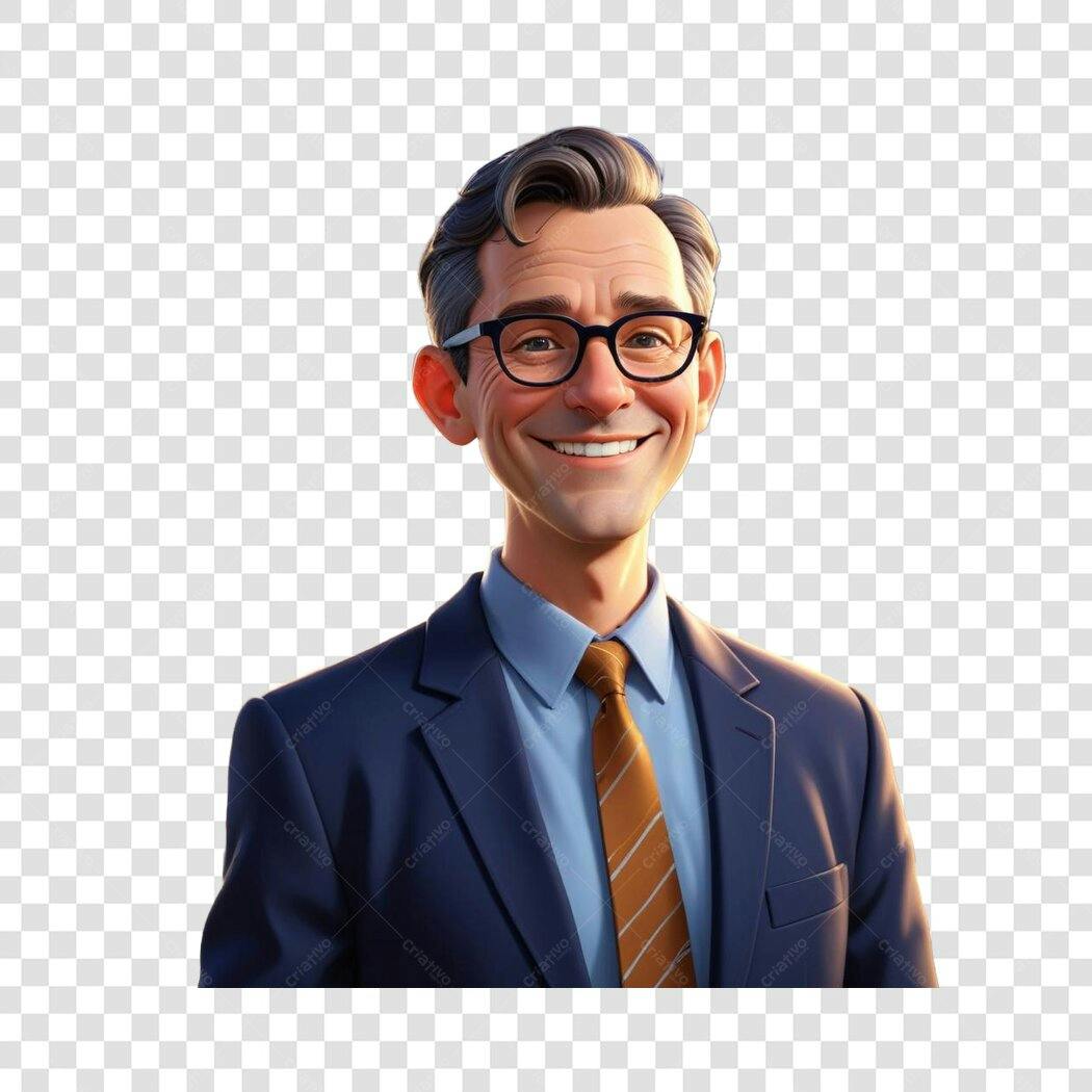 Personagem Ilustrado Homem Sorrindo Óculos Terno PNG Fundo Transparente