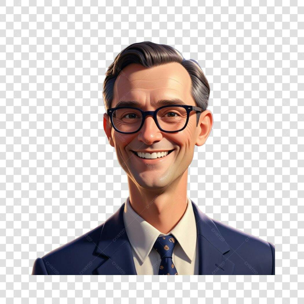 Personagem Ilustrado Homem Terno Óculos Sorrindo PNG Fundo Transparente