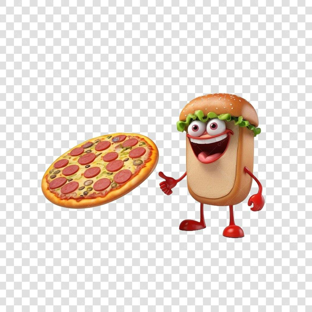 Personagem Ilustrado Hot Dog Pizza Fast Food PNG Fundo Transparente
